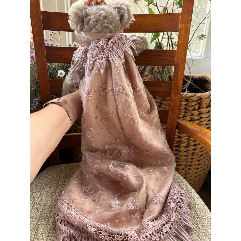 Vintage Plush Teddy Bear Doll W/Lace Dress & Floral Detail Cottagecore Aesthetic